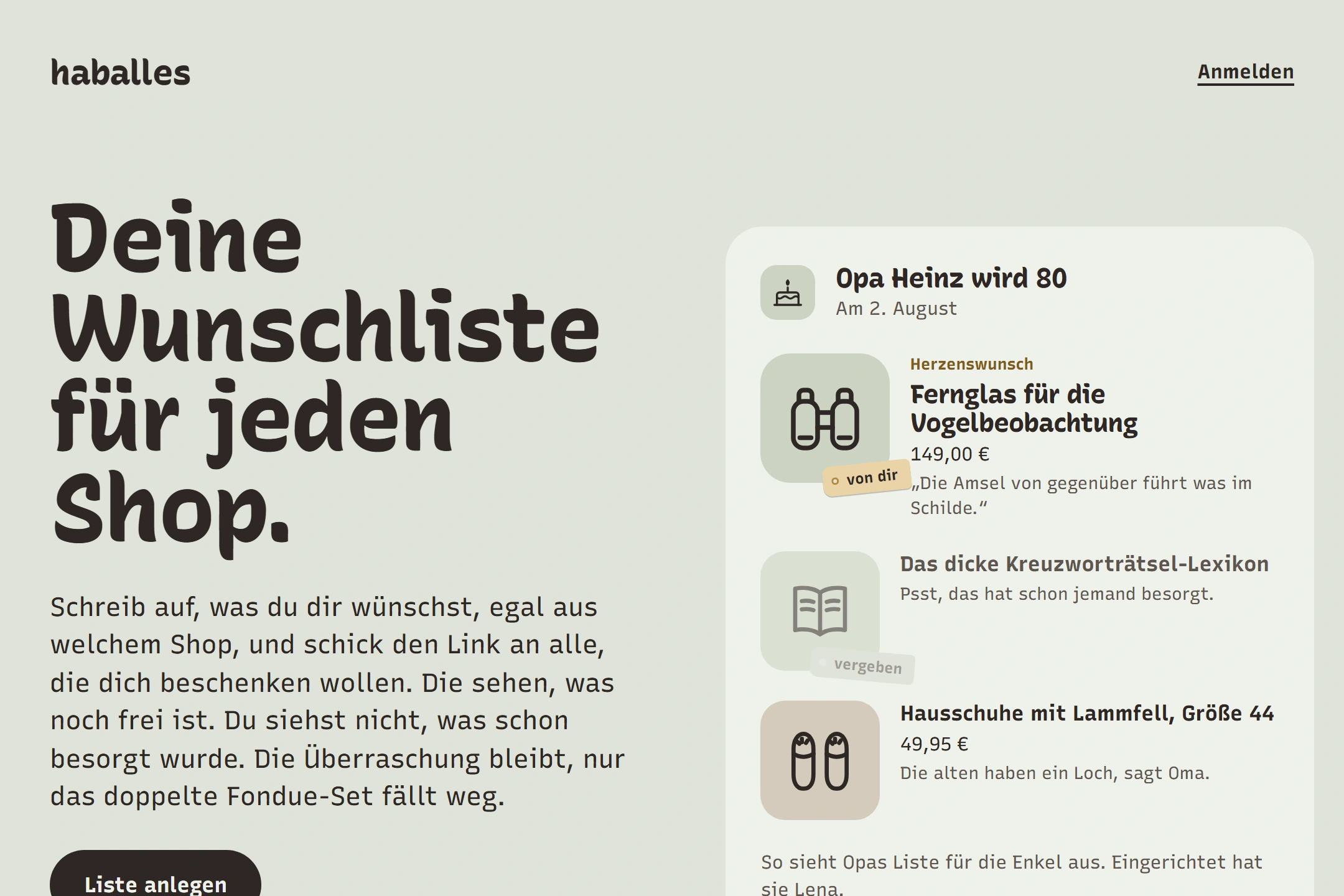 Startseite von haballes: „Deine Wunschliste für jeden Shop.“ Daneben eine Beispielliste „Opa Heinz wird 80“.