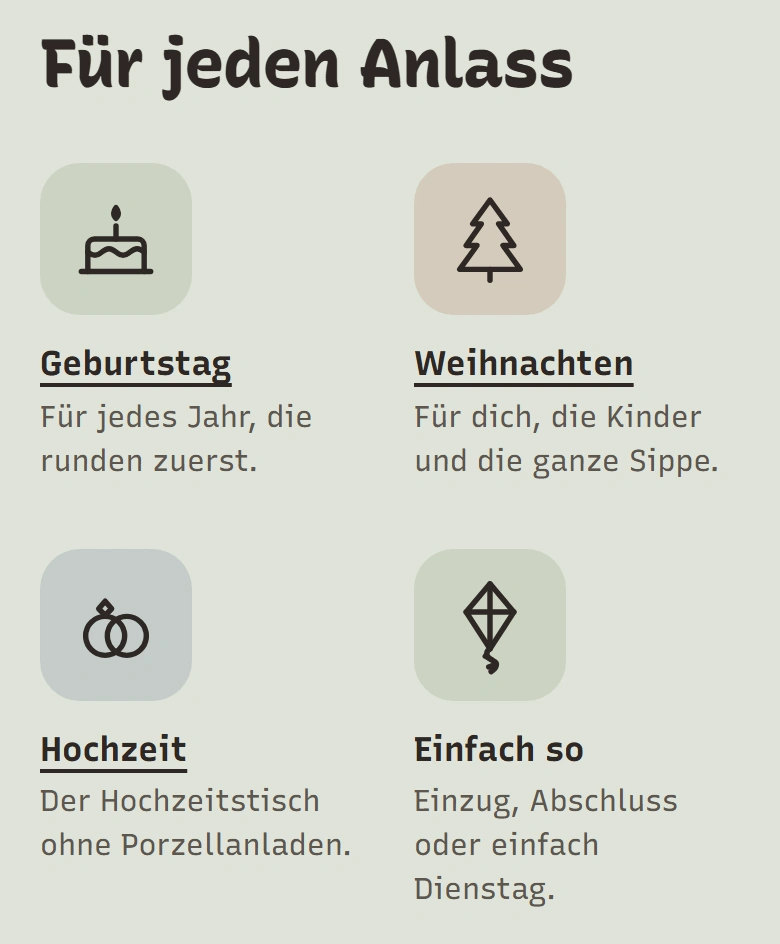 Anlässe auf haballes: Geburtstag, Weihnachten, Hochzeit, Einfach so.